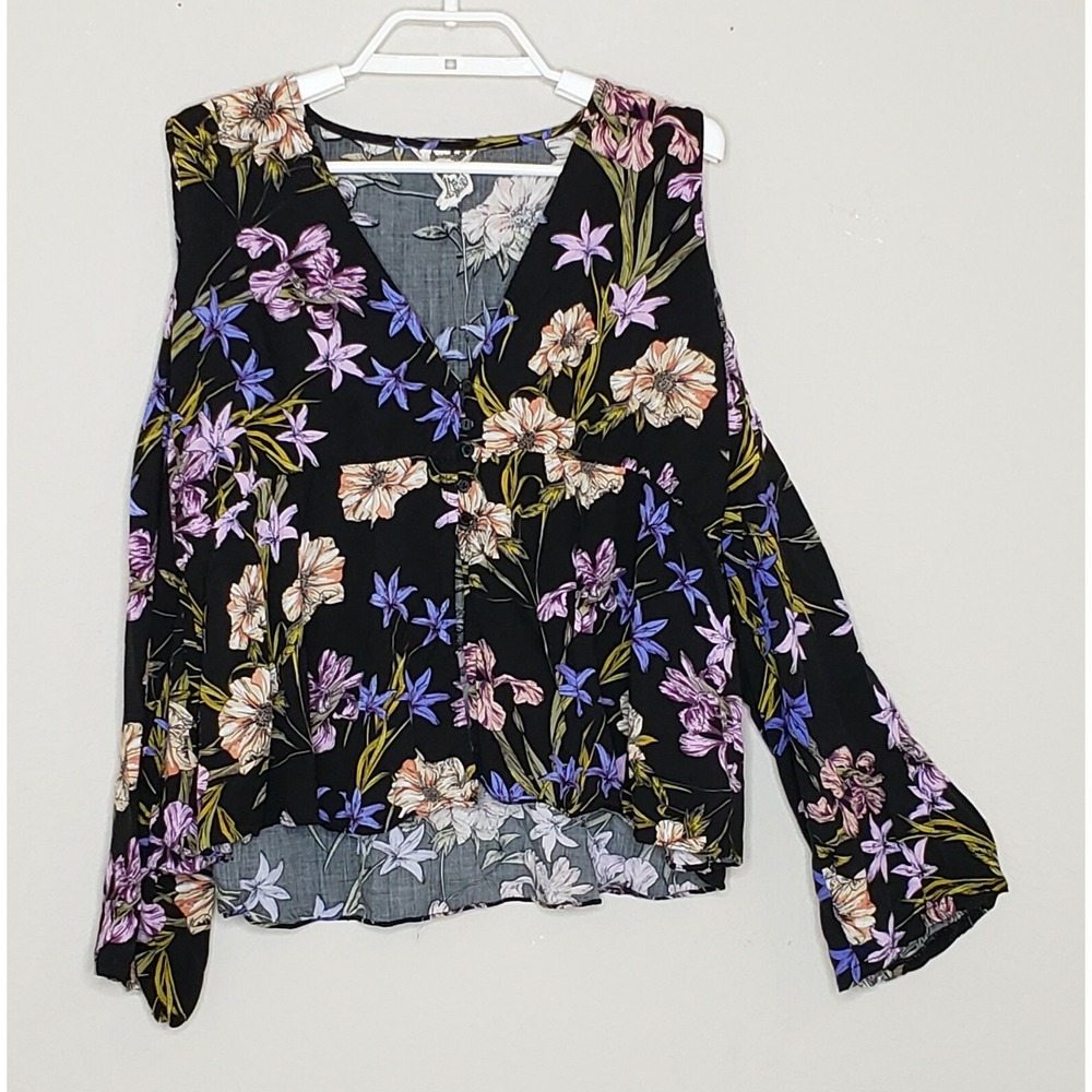 Jaase Women's Top Large L/S Black Floral Cold Shoulder‎ V-Neck Open Front Bottom